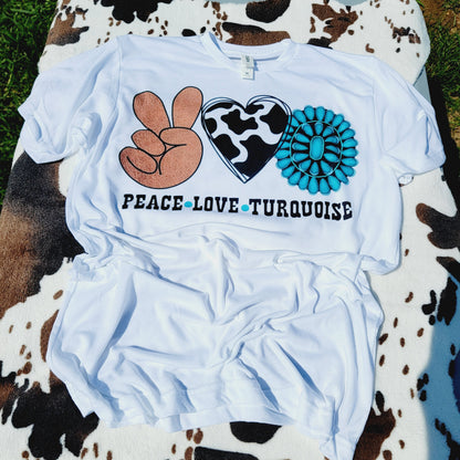 Peace Love Turquoise Western White T-Shirt Graphic Tee