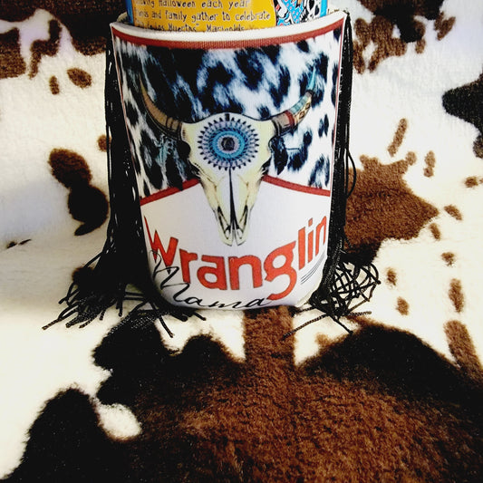 Wranglin Mama Bull Skull Fringe Can Cooler Koozie