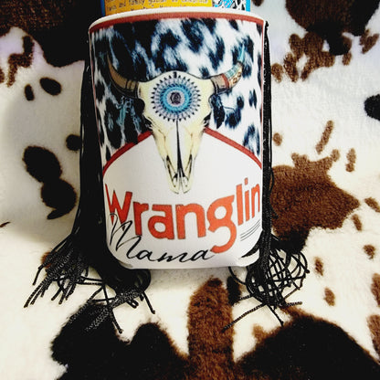 Wranglin Mama Bull Skull Fringe Can Cooler Koozie