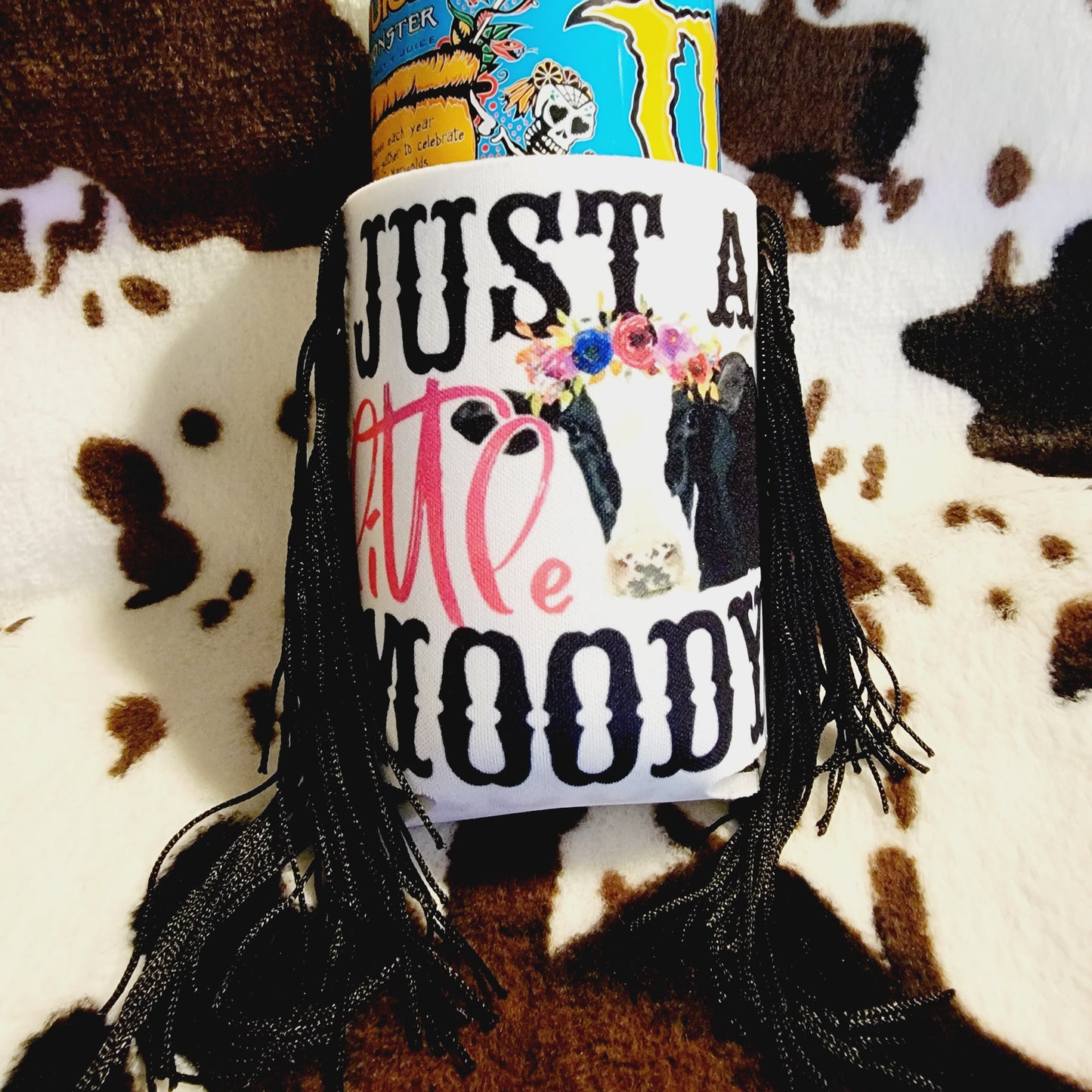 Just A Little Moody Cow Fringe Can Cooler Koozie