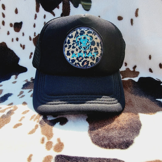 Leopard Ariat Black Distressed Handmade Patch Trucker Hat