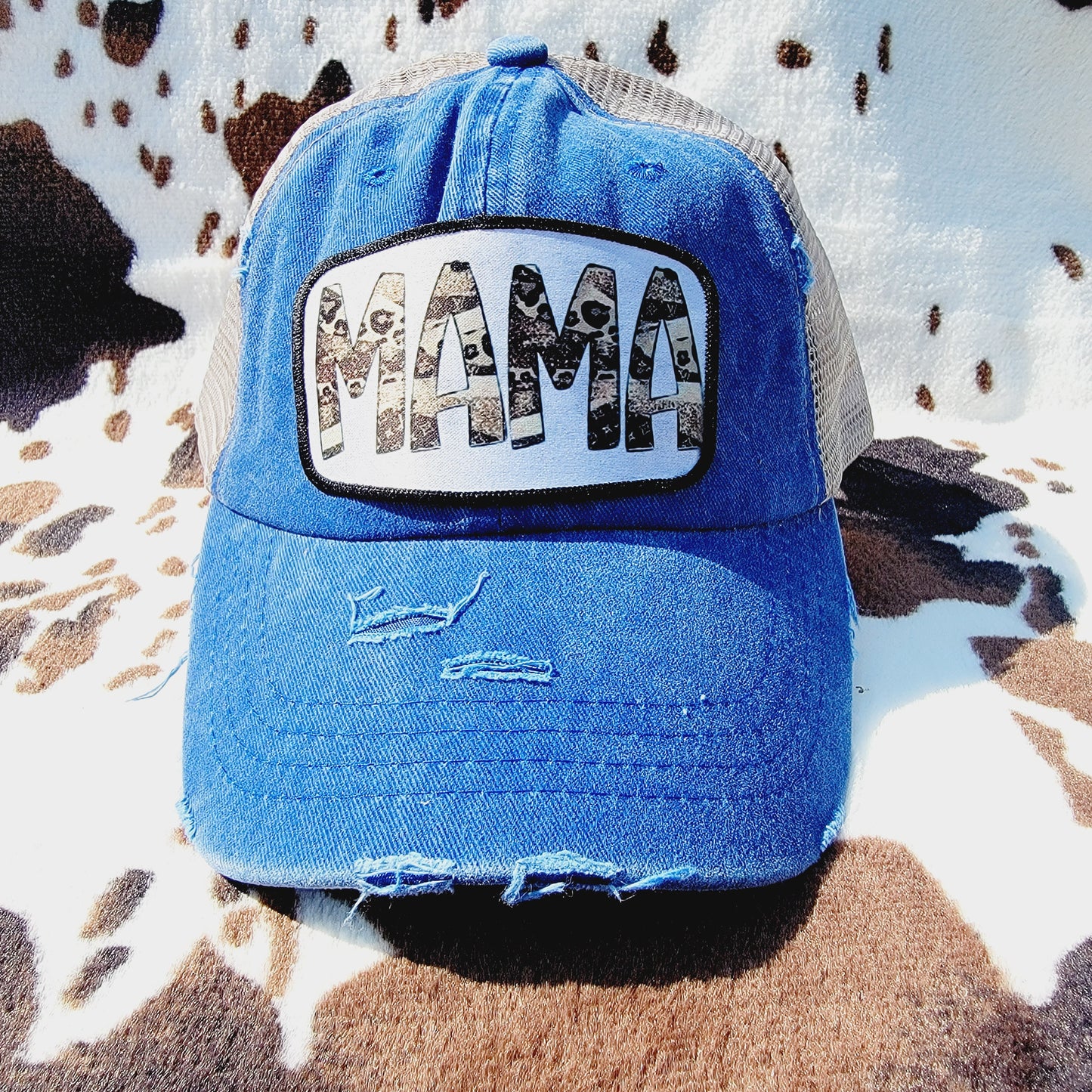 Mama Snake Print Distressed Patch Ponytail Hat