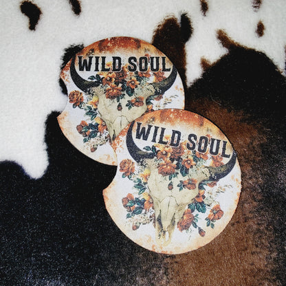 Wild Soul Bull Skull Neoprene Car Coaster Set