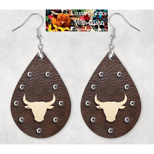 Bull Skull Western Teardrop Dangle Custom Earrings