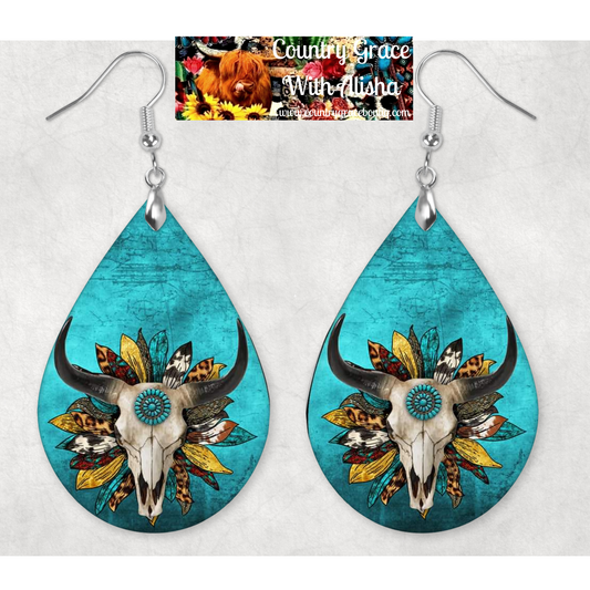 Sunflower Bull Skull Western Teardrop Dangle Custom Earrings
