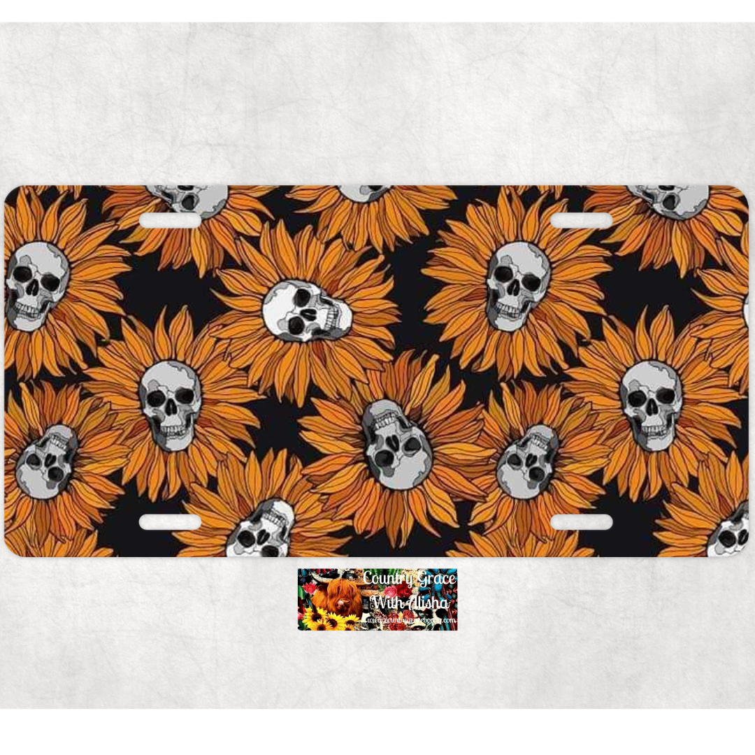 Sunflower Skulls Custom Handmade Car Tag License Plate