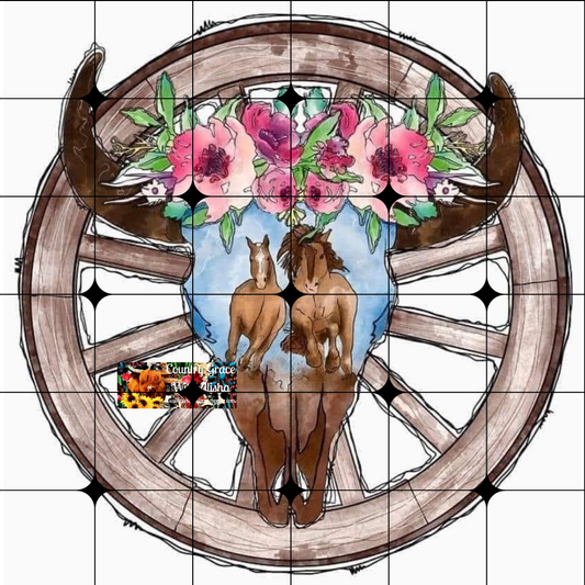 Wagon Wheel Bull Skull Ready to Press Sublimation Transfer