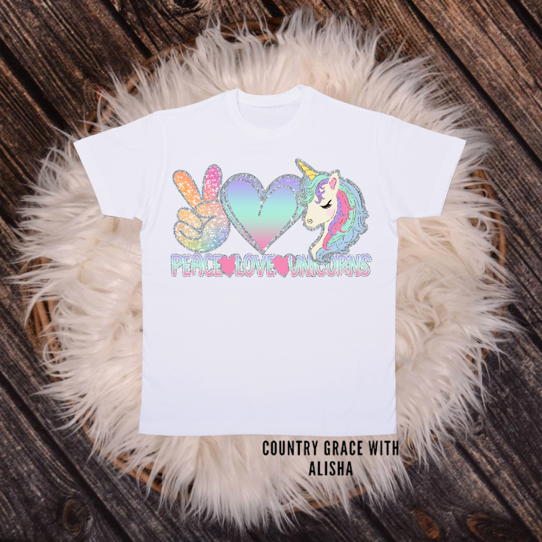 Peace Love Unicorns Kids TShirt White Short Sleeve Graphic Tee