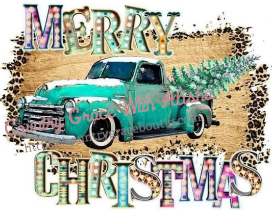 Merry Christmas Green Old Truck Ready To Press Sublimation Transfer