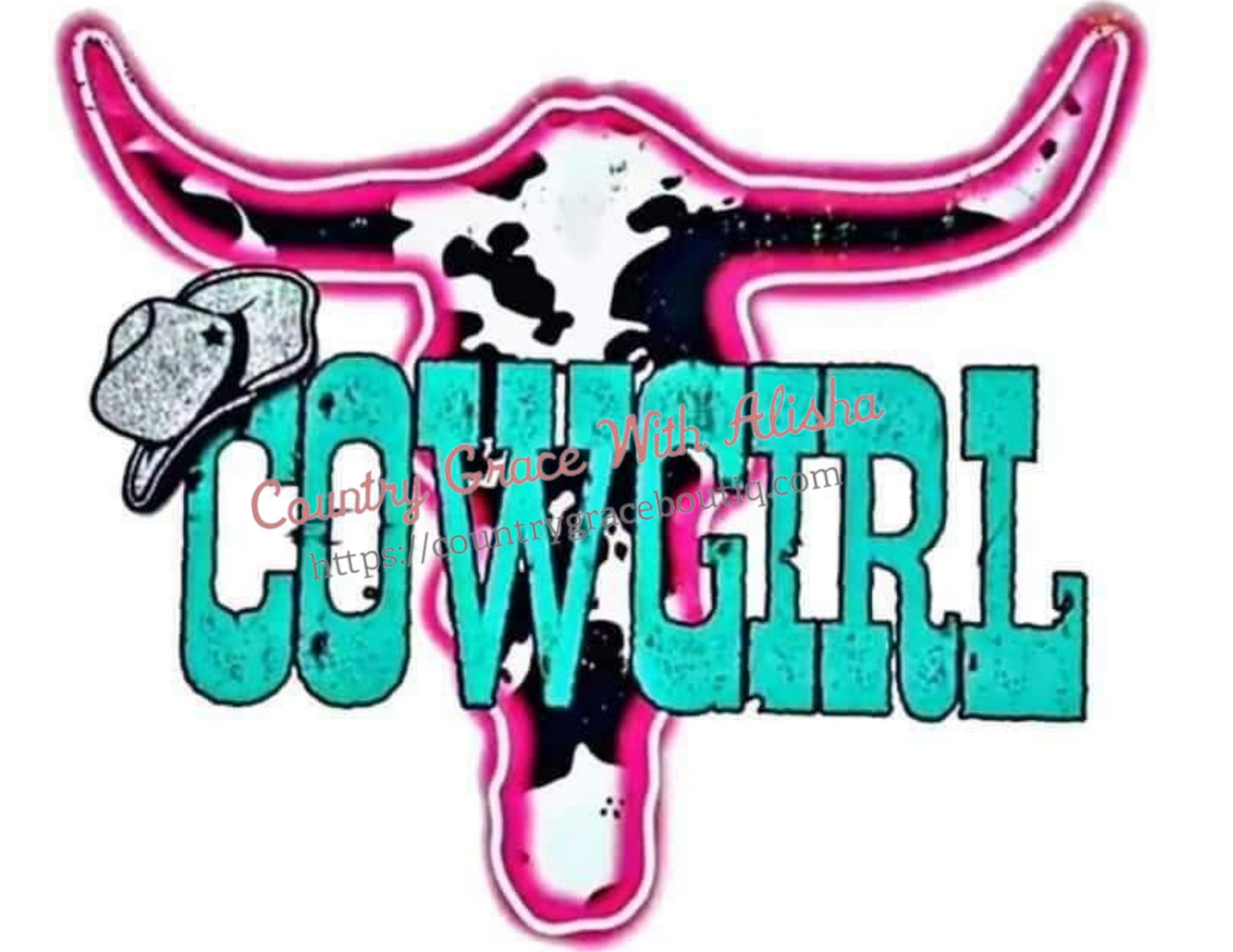 Cowgirl Neon Bull Skull Ready To Press Sublimation Transfer
