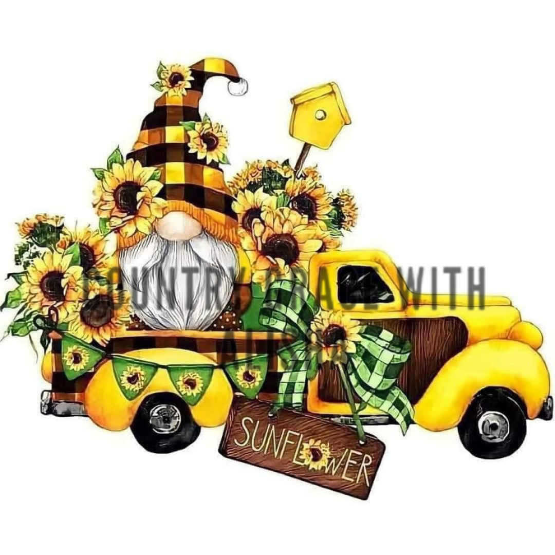 Gnome Sunflower Old Truck Ready to Press Sublimation Transfer